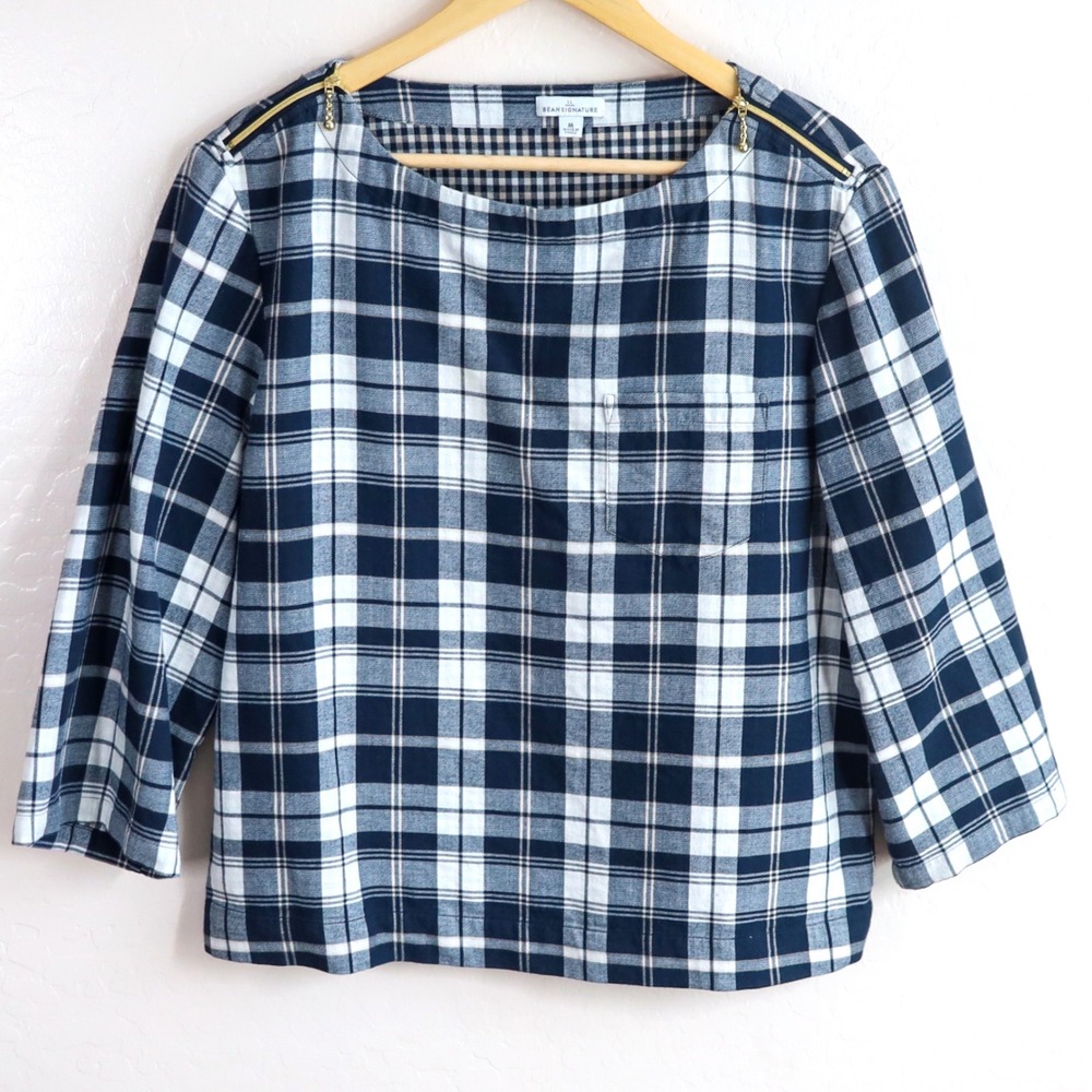 LL Bean Signature Plaid Boat Neck 3/4 Sleeve Zipper‎ Accent Top Womens Medium